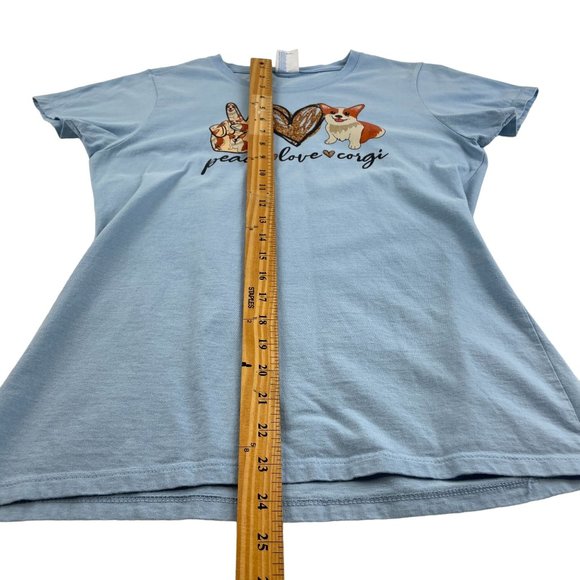 Peace Love & Corgi Light Blue Women's Ring Spun 100% Cotton Graphic Tee Sz S - Picture 5 of 7